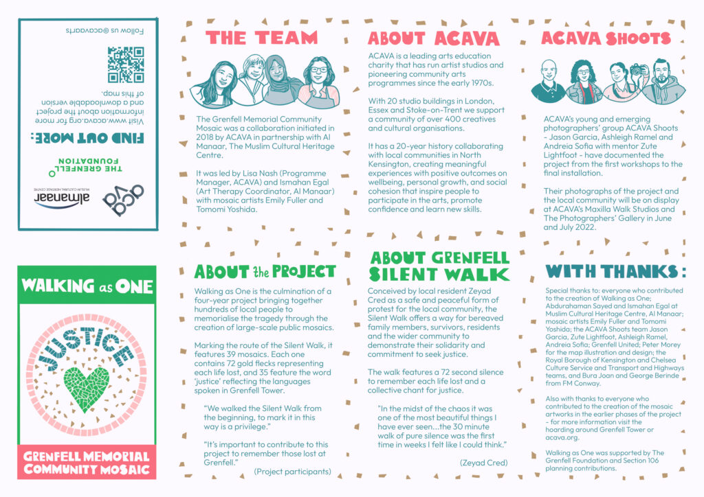 Artwork with information about: Walking as One, the Grenfell Silent Walk, ACAVA, the team, ACAVA Shoots, and thank you notes.