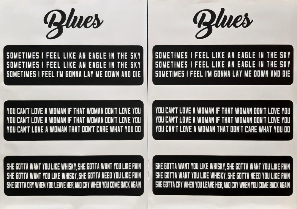 Artwork depicting two black and white posters with the title 'Blues' at the top, and verses by poet Philip Larkin below, in a contrasting layout.
