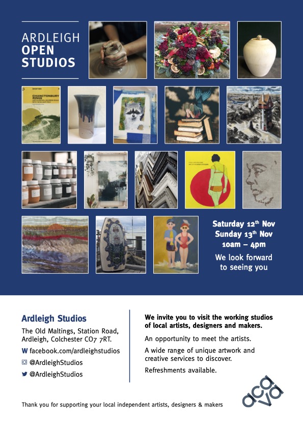 Flyer with details of the open studios at Ardleigh, featuring images of artwork by the various artists