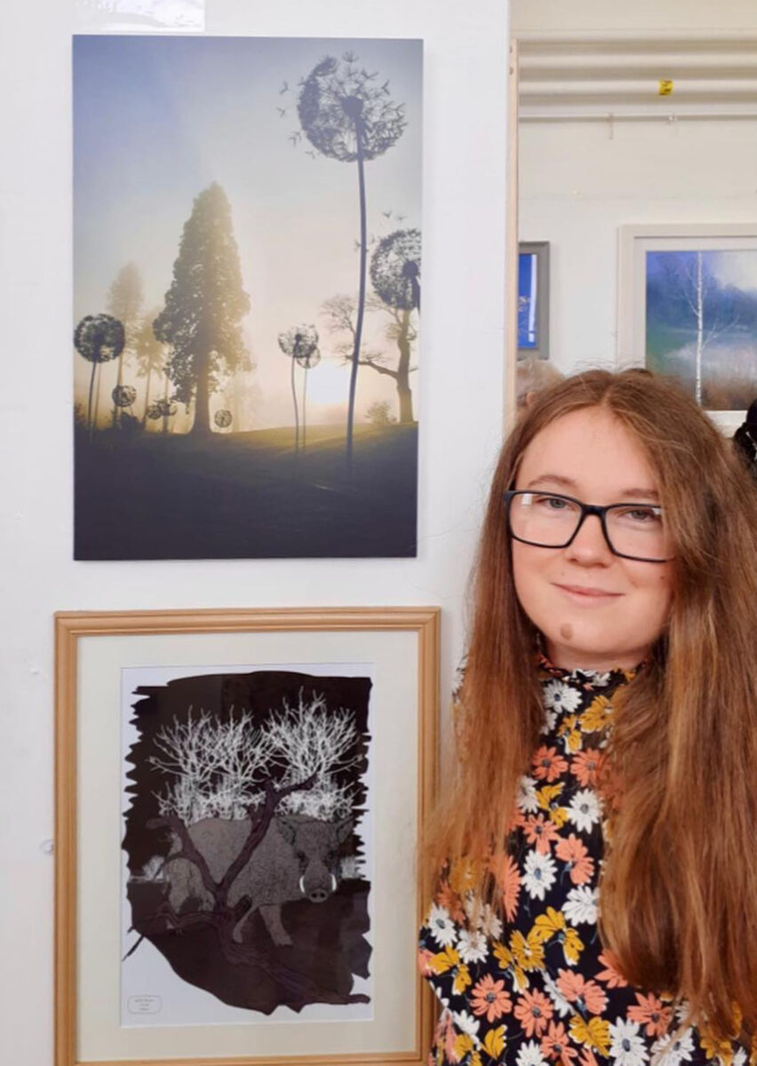 Evie Davis posing next to her winning piece 'Trentham Haze', on top.