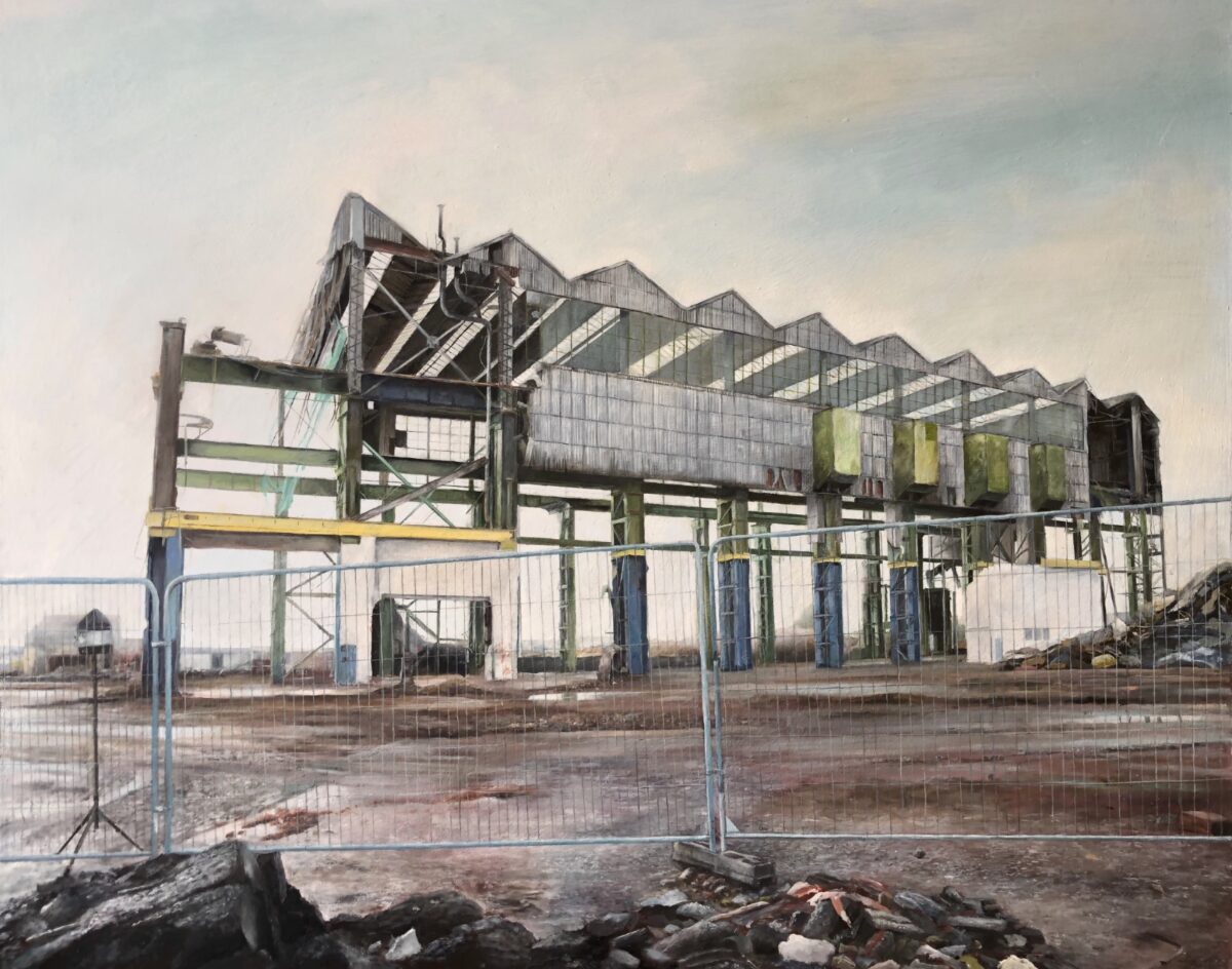 Hyper realistic painting of an abandoned industrial site, in cool colours