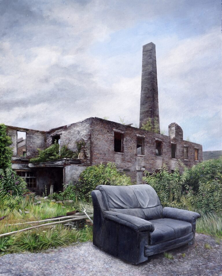 Hyper realistic painting of the dilapidated facade of an abandoned industrial site, a black sofa among weeds and debris.