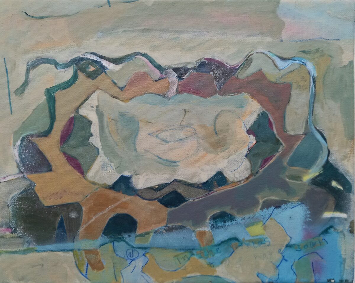 Abstract painting in cool earthy tones.