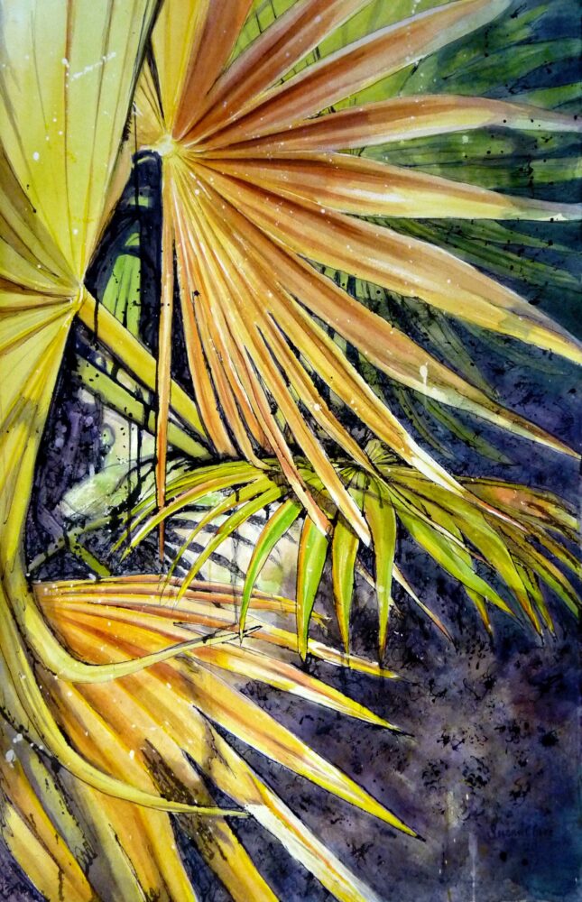 Detail of a painting depicting a tropical plant in green and yellow tones