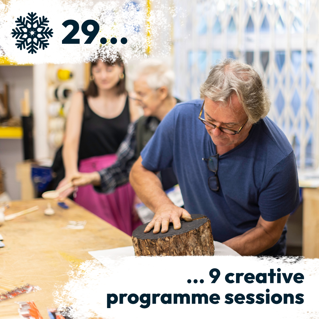 Photograph taken during a printmaking workshop at Maxilla Mens Shed with facilitator Michael Ward