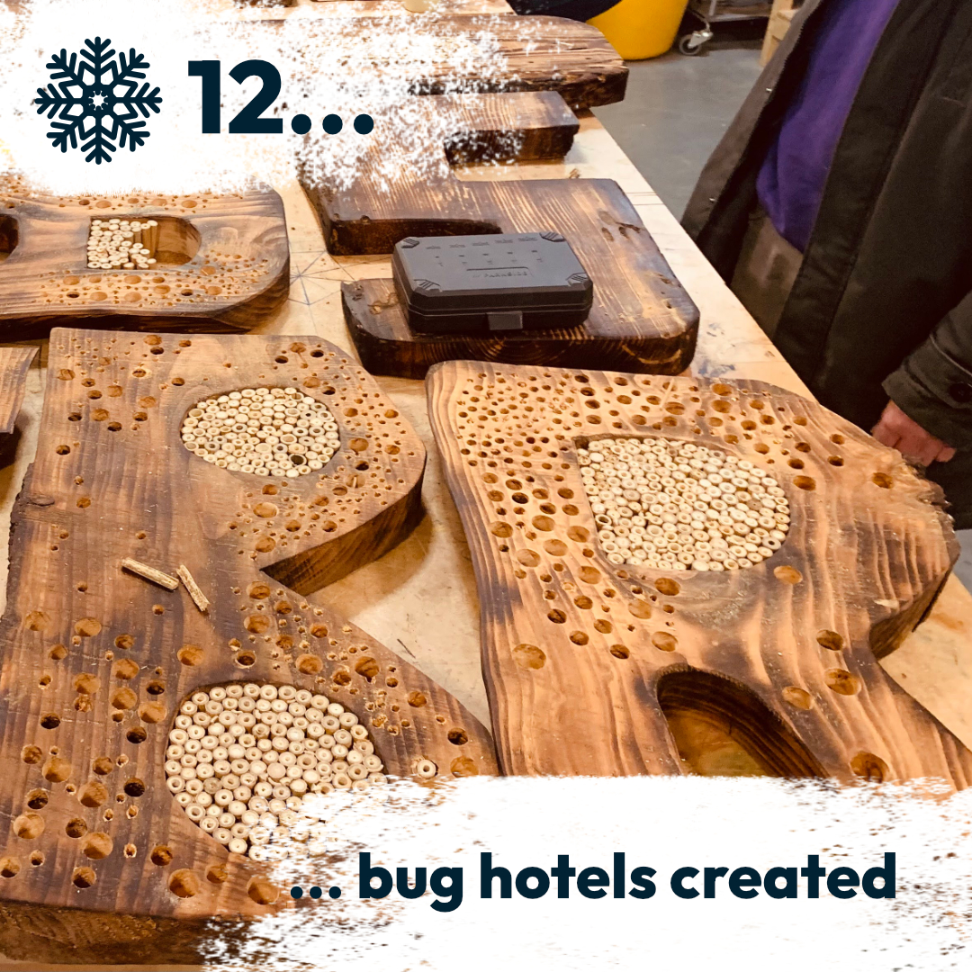 Large handmade wooden letters with drilled holes and gaps filled with bamboo sticks to function as bug hotels. All made at the Shed by participants.