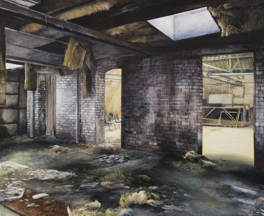 Hyperrealistic painting of the dilapidated interior of an abandoned industrial site
