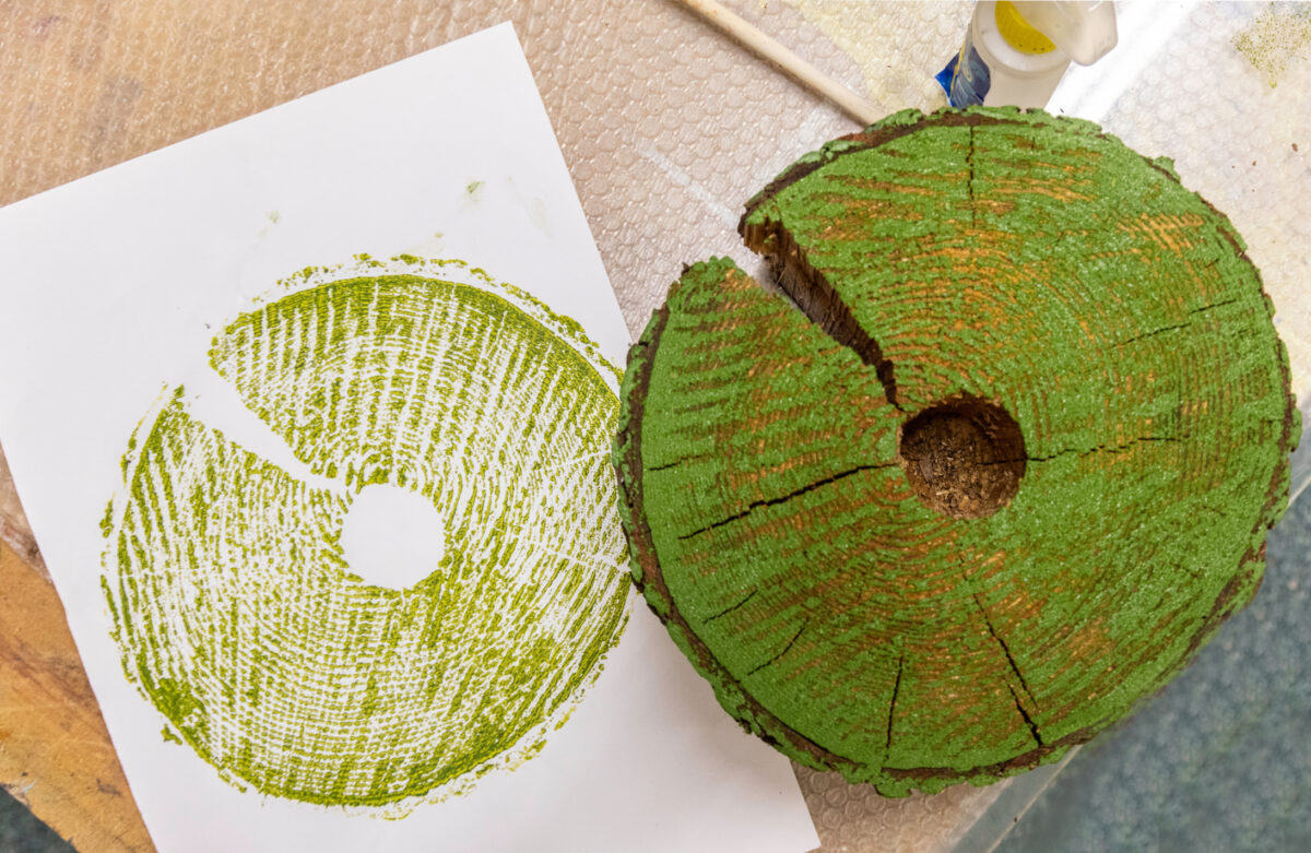 Flat-lay photograph of a green print on white paper next to the tree cookie used to create it.