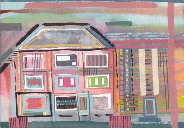 Gouache painting depicting a house made from colourful lines and squares.