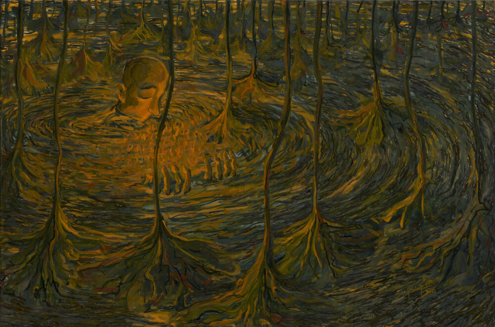 Expressionist oil painting in dark earthy colours of a human figure sinking onto a swirling pond, upright stems sticking out of the pond by its roots.